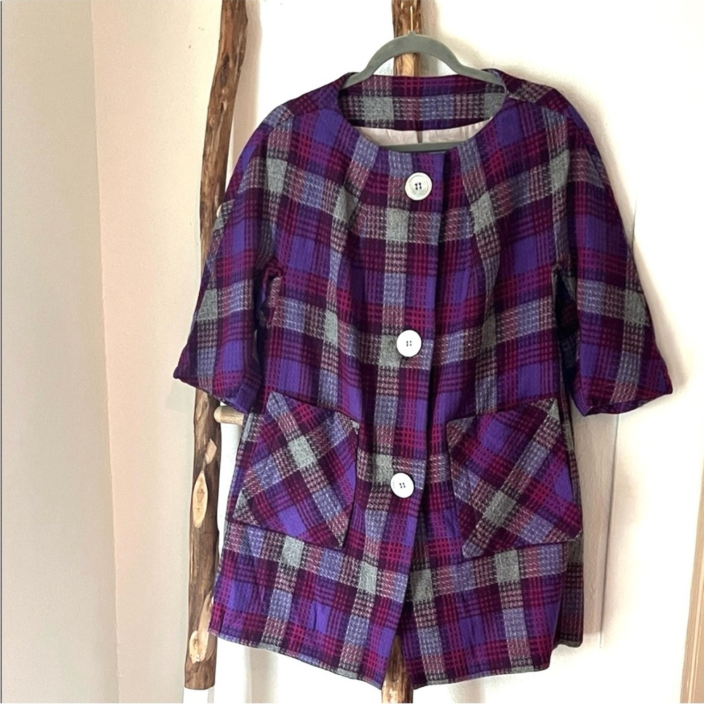 Vintage 60s Plaid Purple and Gray Wool Blend Car Coat with Large Buttons Large